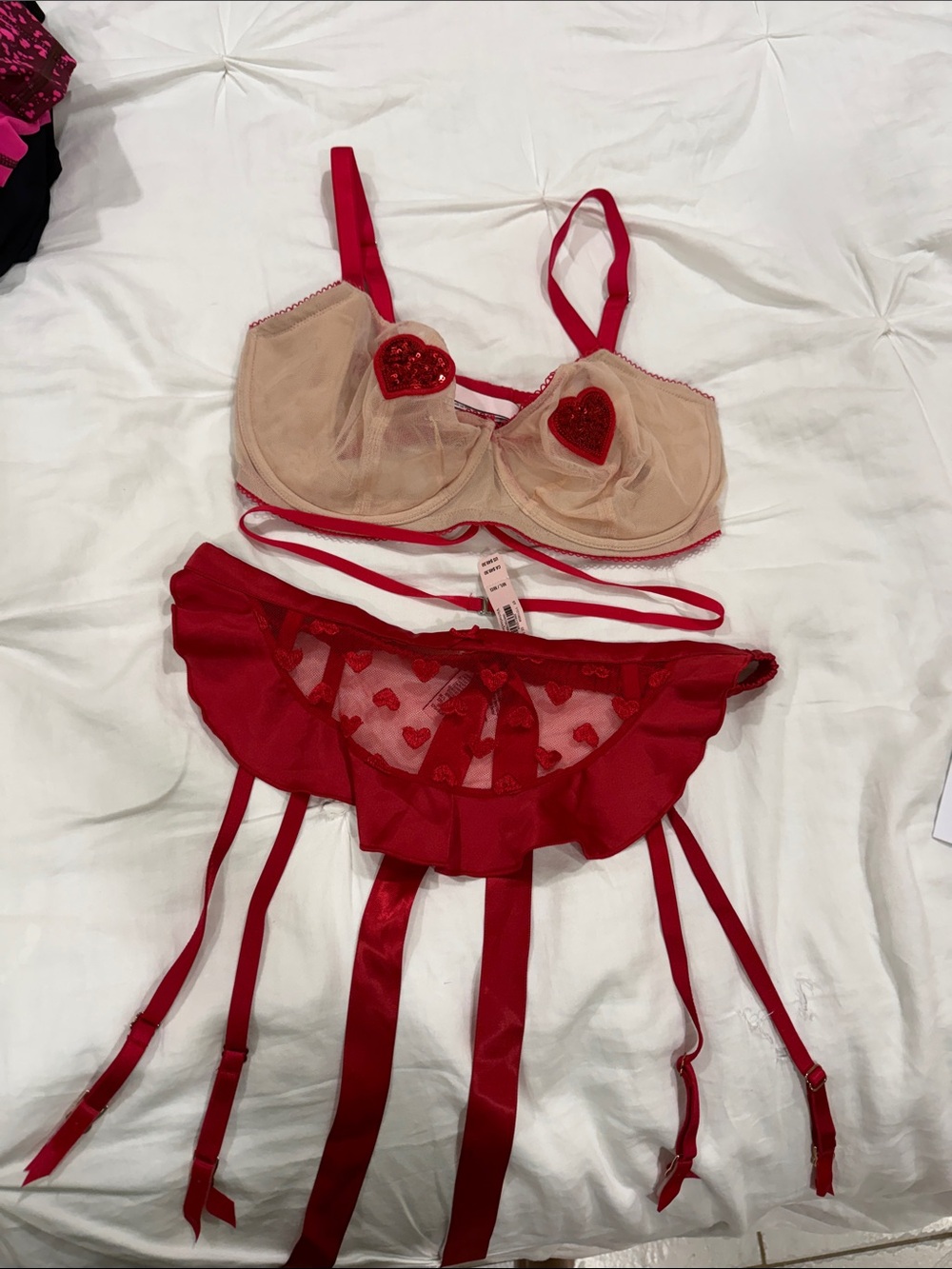 Victoria's Secret Nude Mesh Bra & Red Heart Garter Set